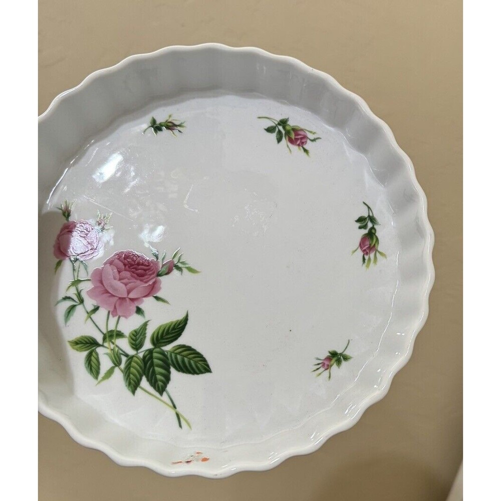 VTG Christineholm 10" Fluted Porcelain Pink Rose Quiche Tart Pie Baking Dish